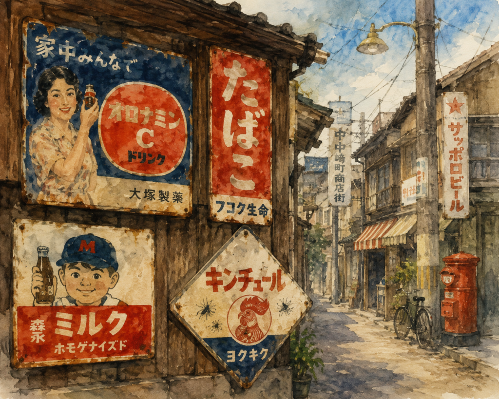 昭和レトロな商店街の路地とホーロー看板を描いた水彩風イラスト。薬や飲料の広告看板、古い町並み、赤いポストが並ぶ懐かしい日本の風景。