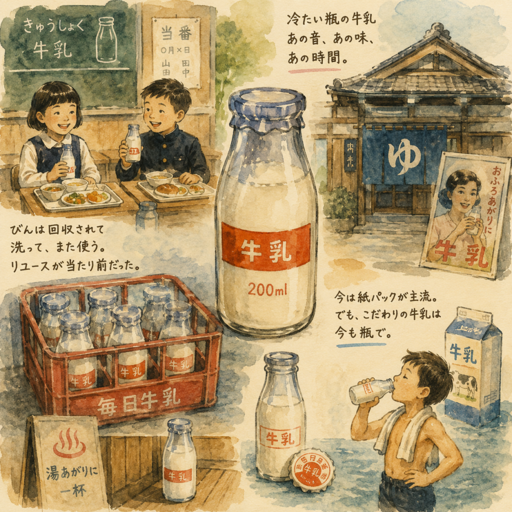 Showa era,bottled milk,Japanese school lunch,public bath,milk bottle,reuse culture,retro Japan,paper milk carton,nostalgic Japan,Japanese children,watercolor style,vintage atmosphere