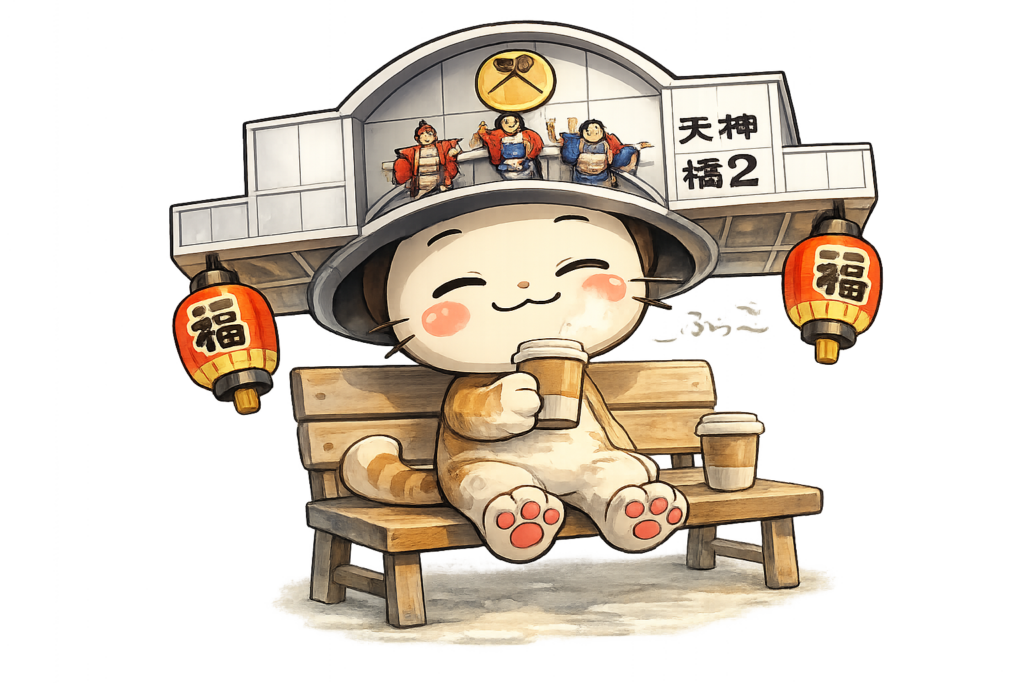 大阪環状線天満 ベンチ休憩 コーヒー 散策途中 商店街キャラクター 無料イラスト