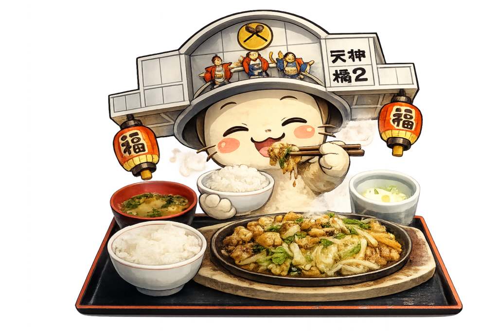 大阪環状線天満 牛もつ味噌炒め定食 ご当地グルメ 定食ランチ 商店街キャラクター 無料イラスト