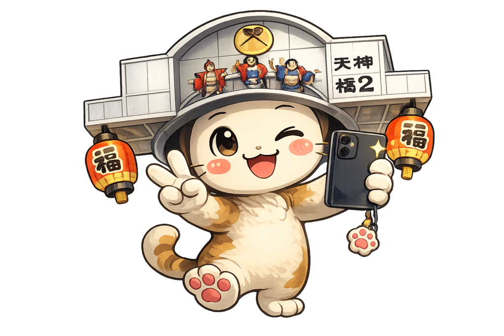 大阪環状線天満 天神橋筋商店街 商店街キャラクター 自撮り スマートフォン 観光 無料イラスト