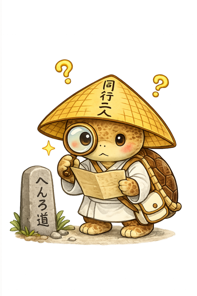 お遍路 亀 地図 虫眼鏡 道を探す 巡礼 イラスト