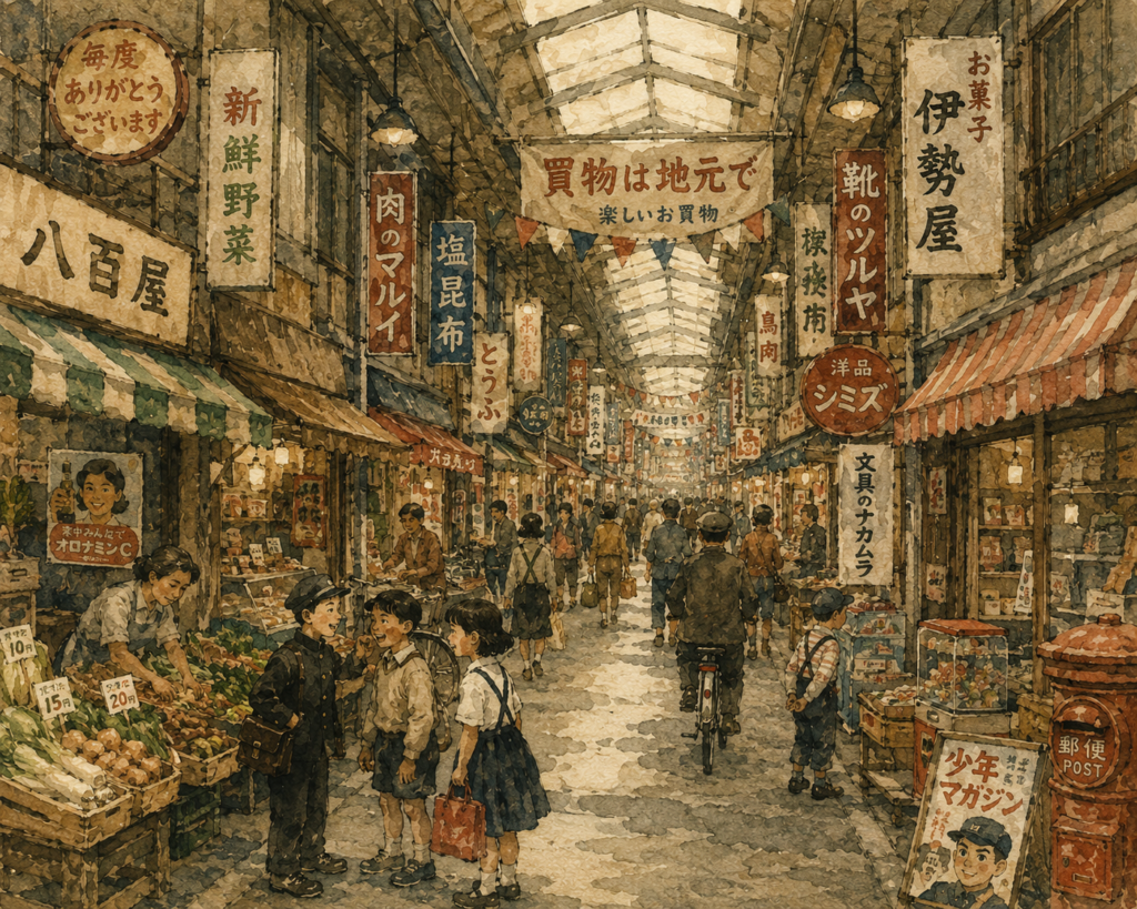 Rough watercolor-style illustration of a Japanese shopping arcade in the Showa era. Independent shops such as greengrocers, fishmongers, tofu shops, and stationery stores line the street, creating a lively and nostalgic atmosphere filled with shoppers and children.