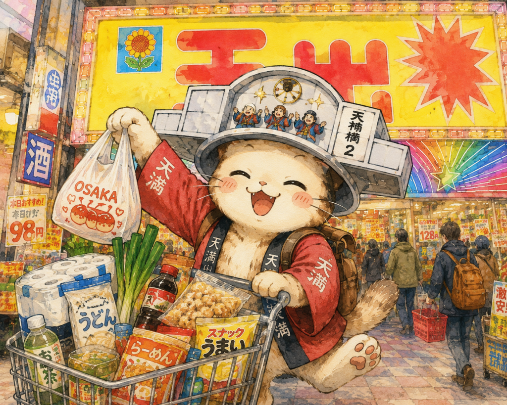 大阪環状線天満 旅する猫 商店街 買い物 大阪の日常 グルメ散策 無料イラスト