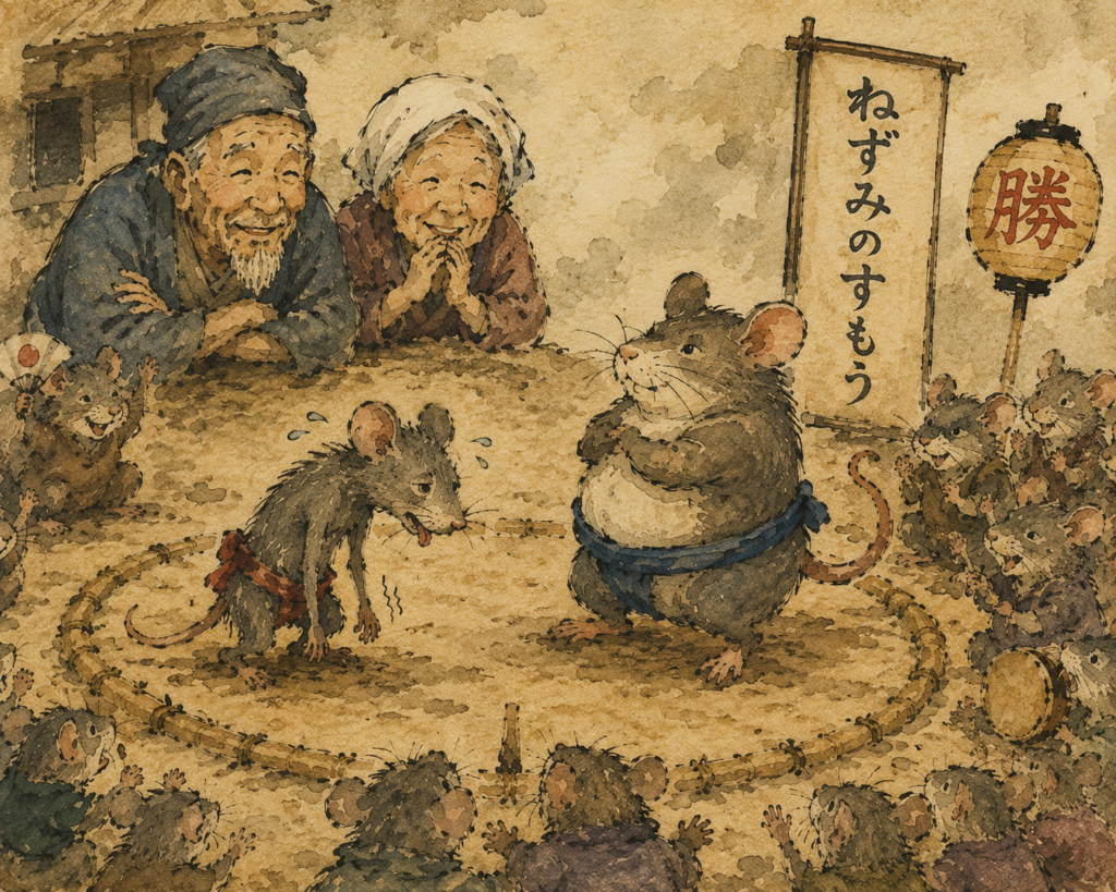 Conte japonais Le combat de sumo des souris, illustration en aquarelle ancienne, souris maigre et souris bien nourrie dans un tournoi de sumo, folklore japonais traditionnel, vieux couple observant la scène, style livre illustré ancien.