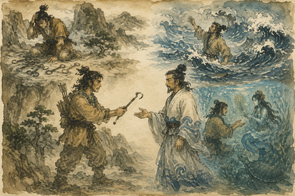 Illustration ancienne à l’aquarelle du mythe japonais Umi-Hiko et Yama-Hiko, avec les montagnes, la mer, un hameçon perdu et une rencontre au fond de l’océan.