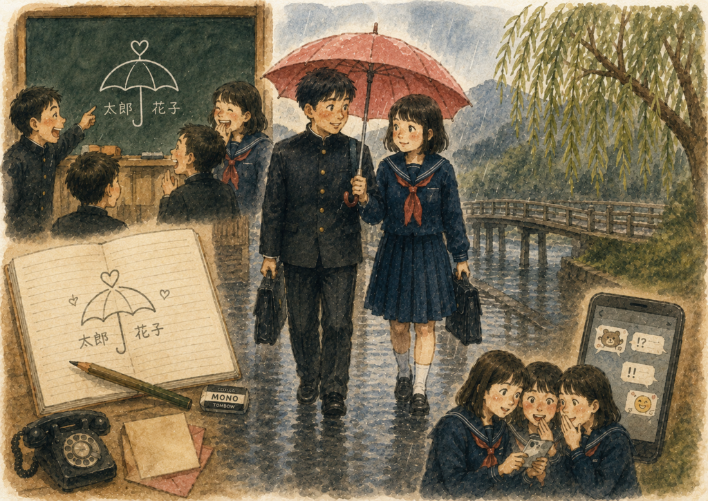 Showa era sharing umbrella Japanese school blackboard notebook doodle rainy day students sailor uniform vintage telephone handwritten letter group chat retro watercolor free illustration