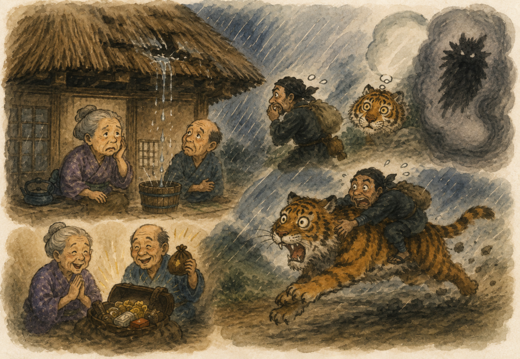 conte japonais, Furuyanomori, vieille maison, pluie, fuite du toit, vieux couple, voleur, tigre, malentendu, folklore japonais, aquarelle rétro, illustration gratuite