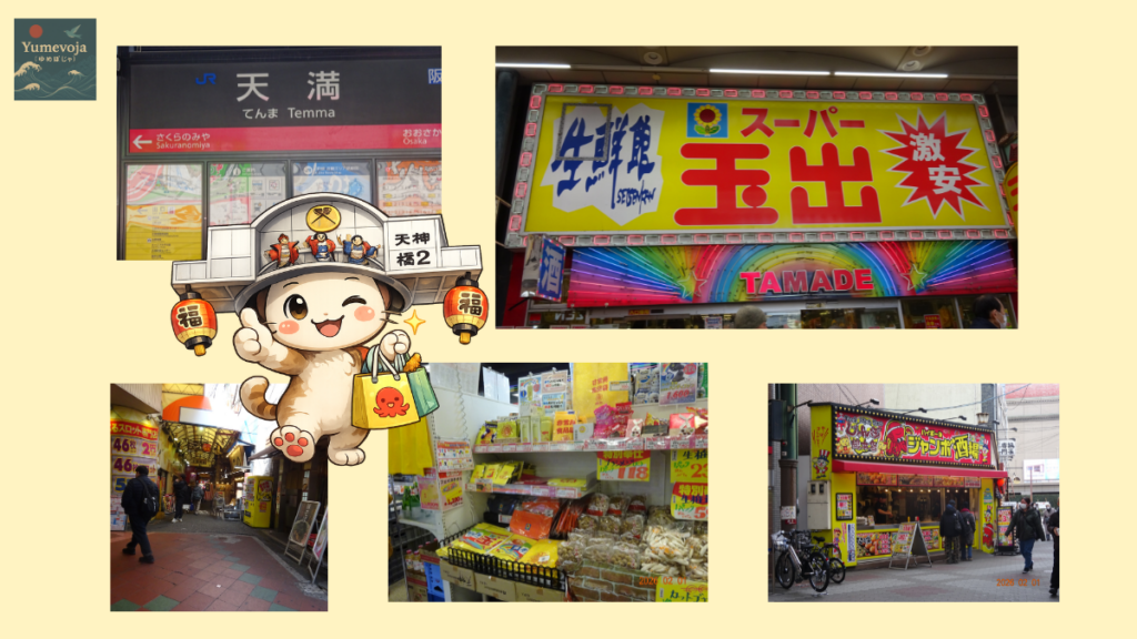 JR天満駅の駅名標、スーパー玉出の大型看板、商店街の入口や店舗をまとめたコラージュ。大阪らしい派手な看板と活気ある商店街の雰囲気を伝える風景。