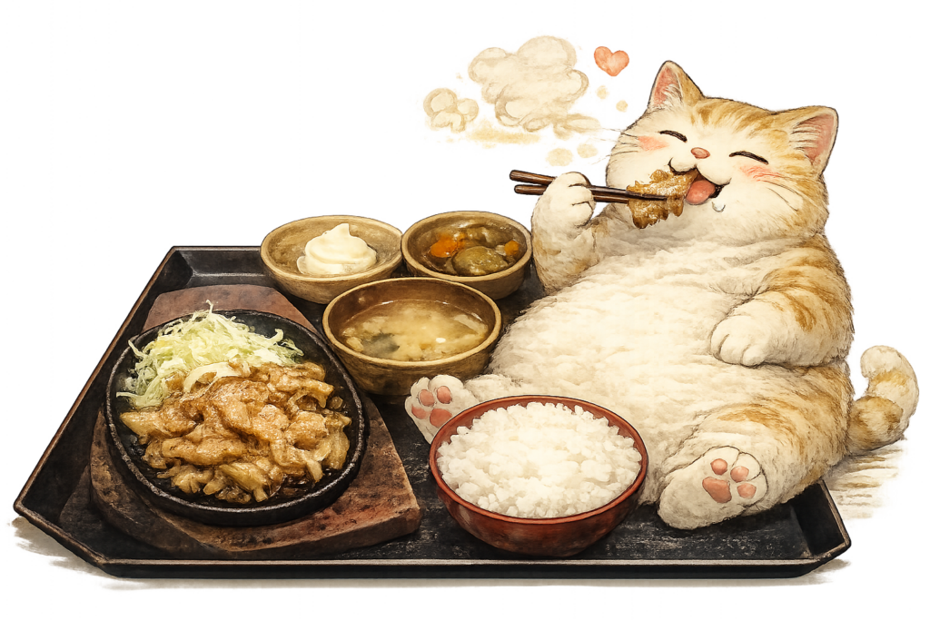 A happy cat enjoying a hearty Japanese ginger pork set meal.