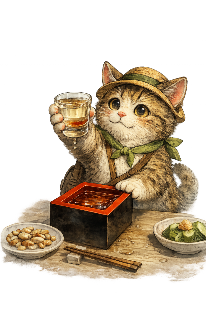升酒からなみなみのグラスを慎重に持ち上げる旅する猫のイラスト