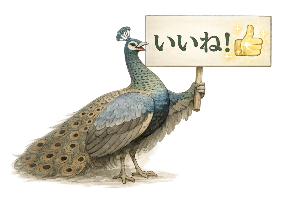 A peacock proudly holding a "Like!" sign.