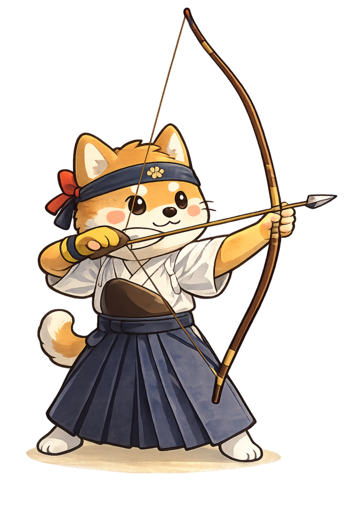 袴姿で和弓を構える犬のゆるキャライラスト。三十三間堂や弓道をイメージしたデザイン。