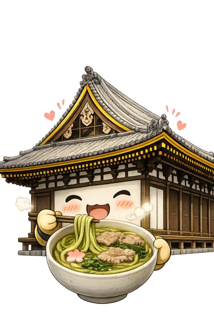 抹茶うどんの鴨南うどんを笑顔でおいしそうに食べる三十三間堂ちゃんのゆるキャライラスト。