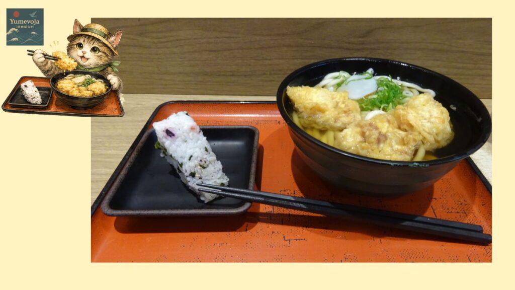 麺家の鶏天うどんとおにぎりの定食をまとめた京都駅うどんのコラージュ