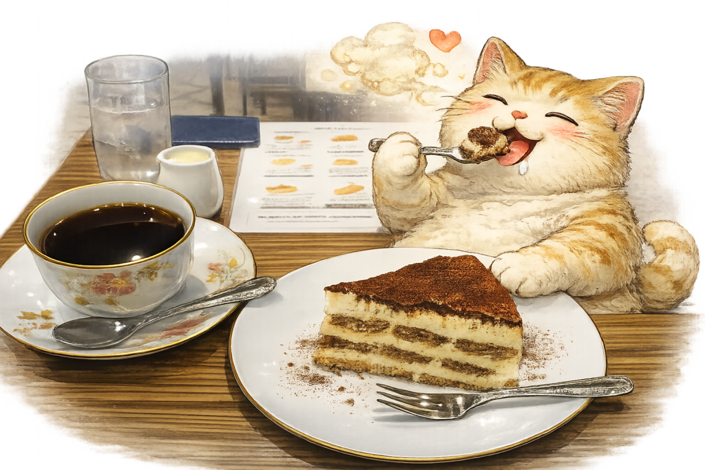 A delighted cat happily enjoying a slice of tiramisu.