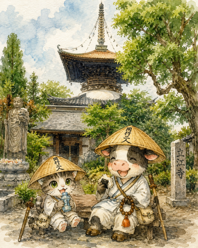 立江寺で少し休憩する旅する猫と牛のお遍路を描いた荒い水彩画風イラスト