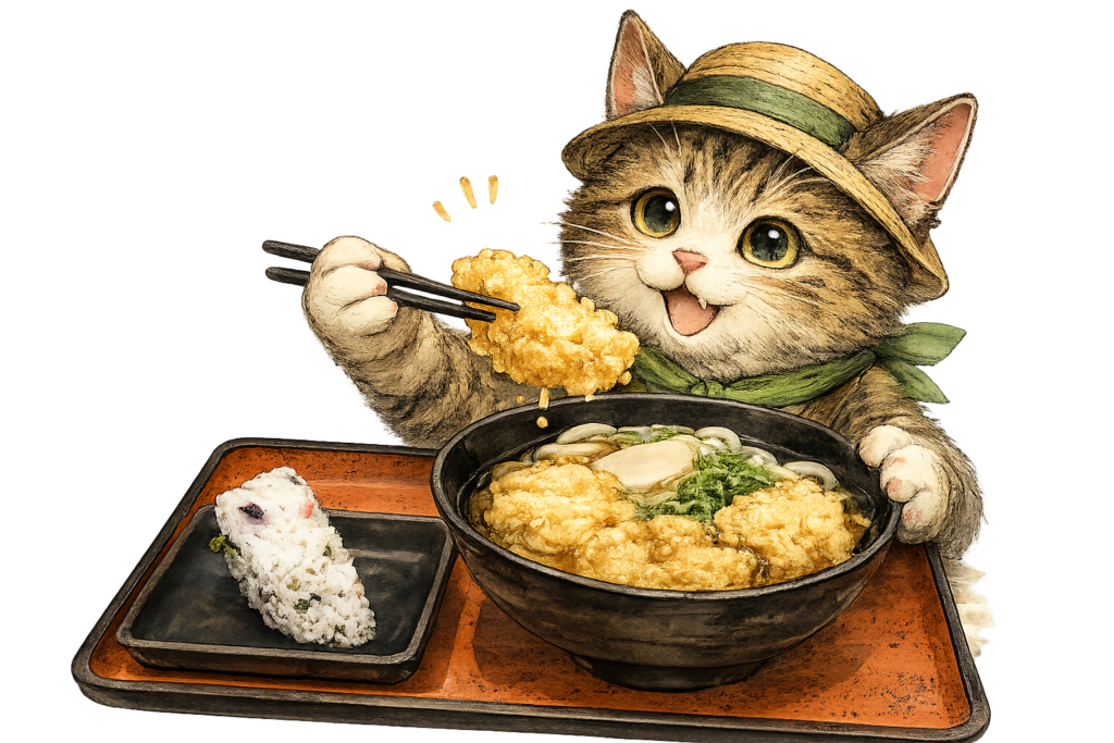 鶏天うどんとおにぎりを楽しむ旅する猫のイラスト