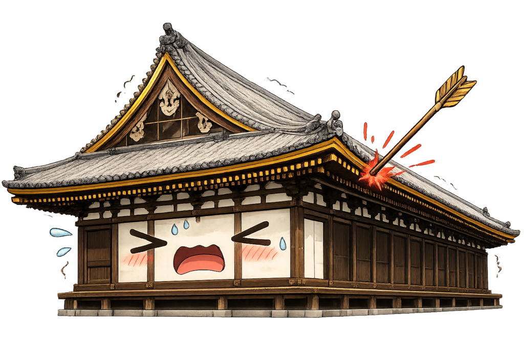 屋根に矢が刺さって痛がる表情をした三十三間堂ちゃんのコミカルなゆるキャライラスト。