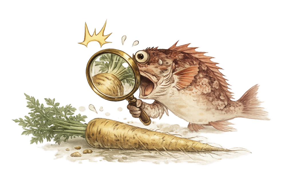 A surprised fish examining a carrot through a magnifying glass.