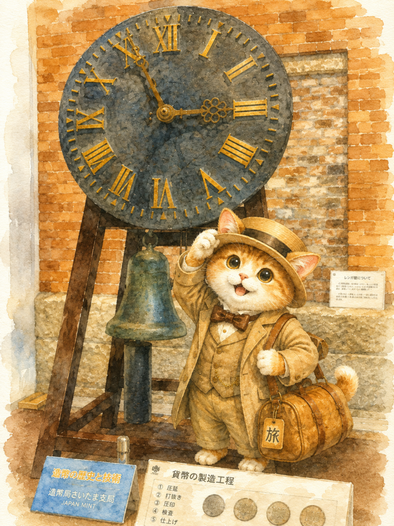A travel cat in Meiji-era clothing standing in front of the historic clock at the Japan Mint.