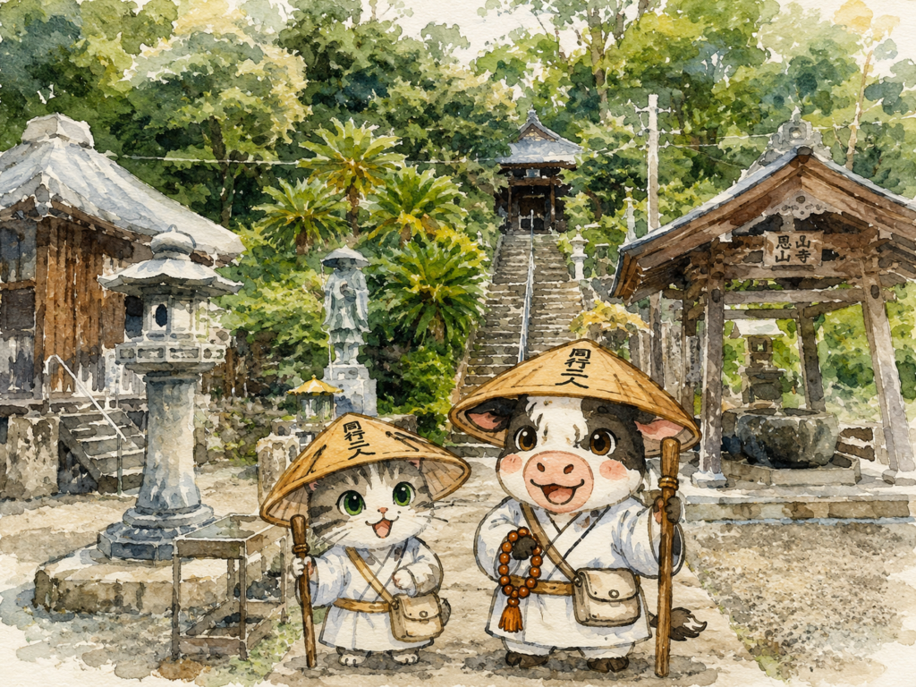 恩山寺の山門前を歩く、旅する猫と牛のお遍路を描いた荒い水彩画風イラスト