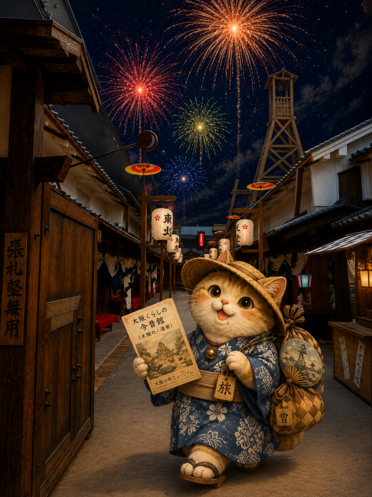 A travel cat wearing a yukata walking through a recreated Edo-period Osaka street beneath fireworks.