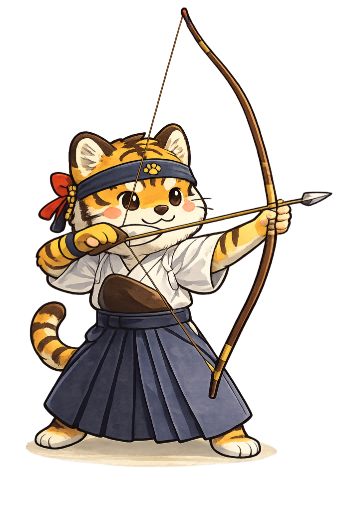 袴姿で和弓を構える虎のゆるキャライラスト。三十三間堂や弓道をイメージしたデザイン。