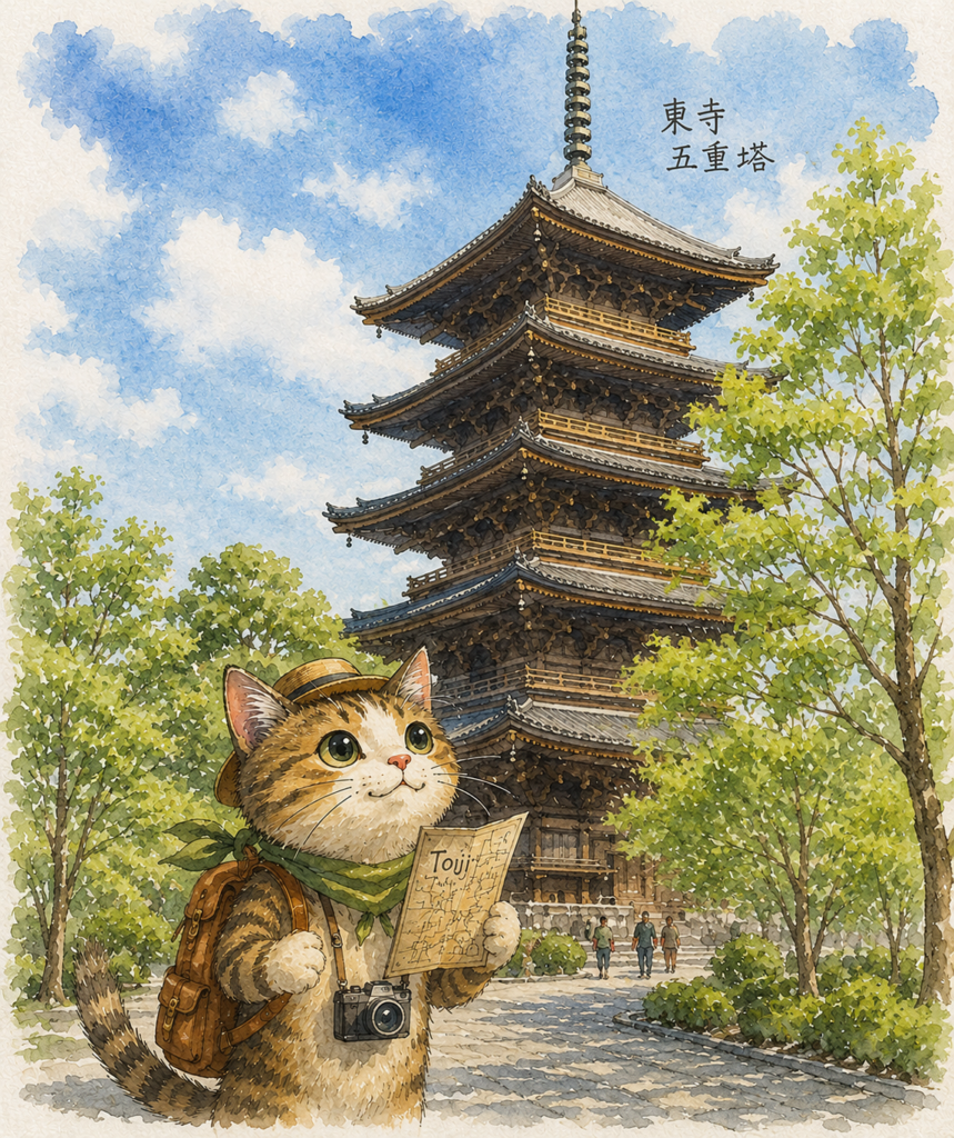 東寺五重塔を背景に地図を持って旅する猫の水彩風イラスト