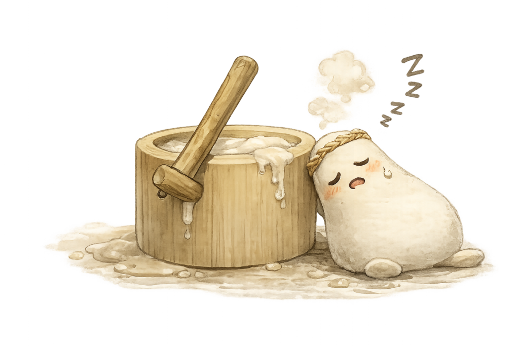 A sleepy mochi resting beside a mortar and mallet after mochi pounding.