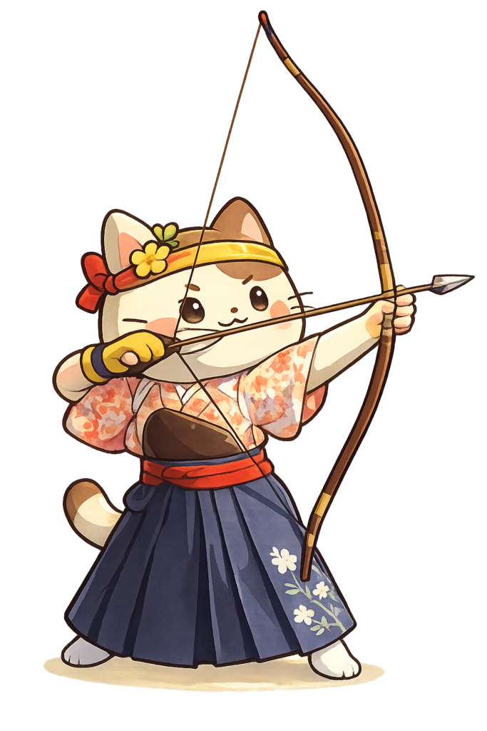 袴姿で和弓を構える猫のゆるキャライラスト。三十三間堂や弓道をイメージしたデザイン。