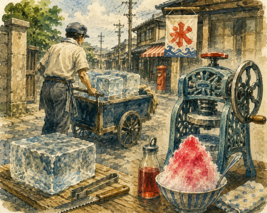 A retro watercolor illustration of a Showa-era Japanese ice dealer delivering large blocks of ice, with a traditional hand-cranked kakigori machine and nostalgic summer street scene.