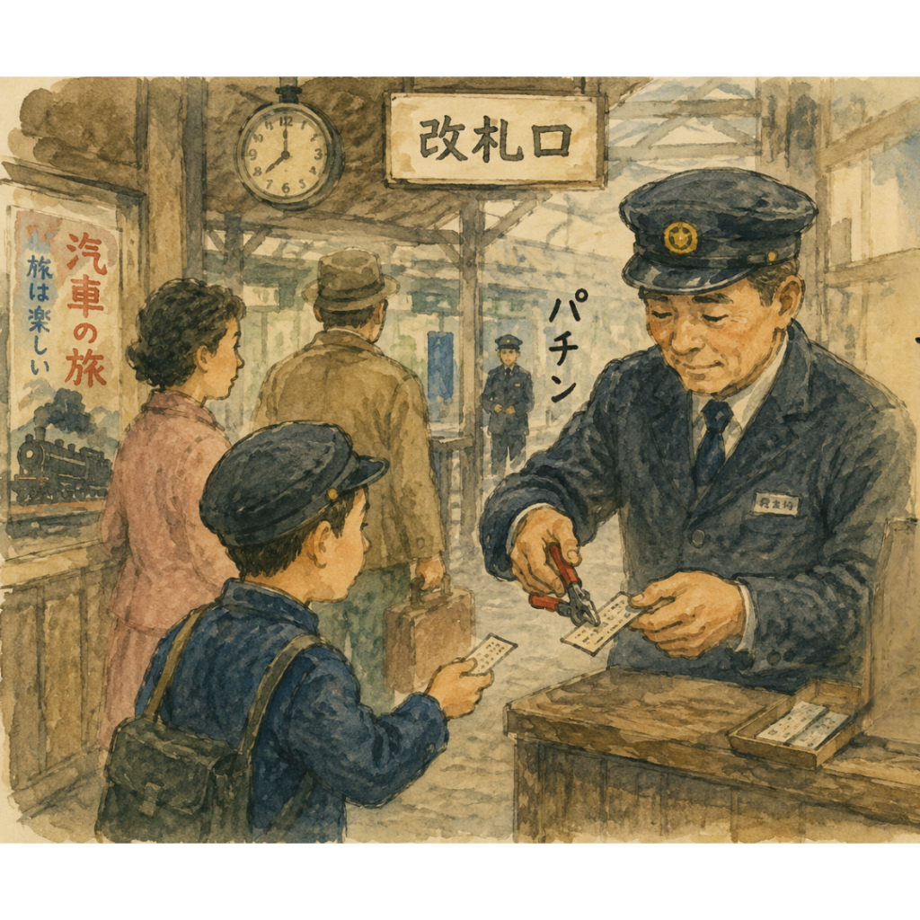 Illustration en aquarelle rétro d'un employé de gare découpant un billet de train avec une pince à composter traditionnelle dans une gare du Japon de l'époque Shōwa.