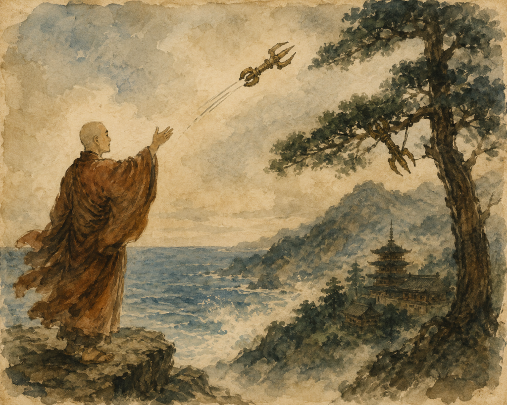 Kūkai lançant le sankosho dans le ciel, au-dessus de la mer, tandis que l’objet rituel rejoint un pin du mont Kōya, illustration ancienne à l’aquarelle.