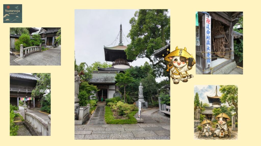 立江寺の境内、自撮りする牛お遍路と旅する猫・牛お遍路の水彩イラストを組み合わせたコラージュ