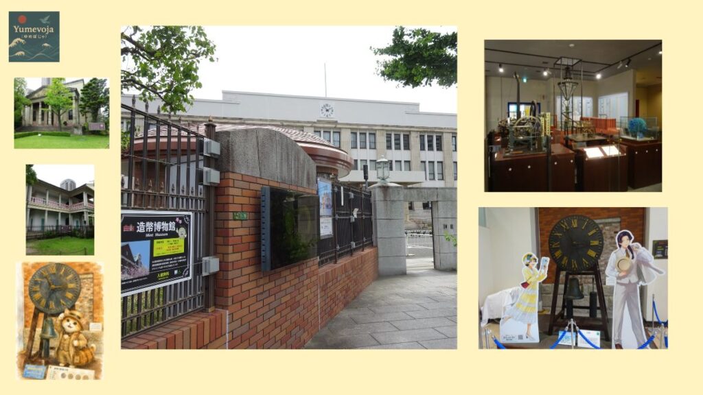 Collage featuring the Mint Museum entrance, exhibits, and the historic clock.
