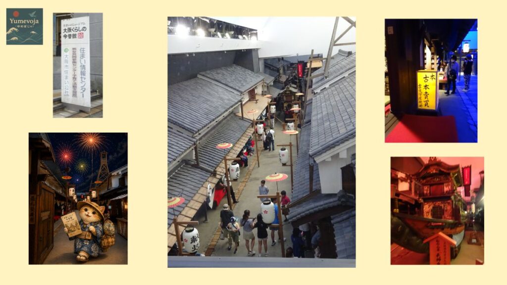 Collage of the Osaka Museum of Housing and Living with recreated Edo streets and evening scenery.
