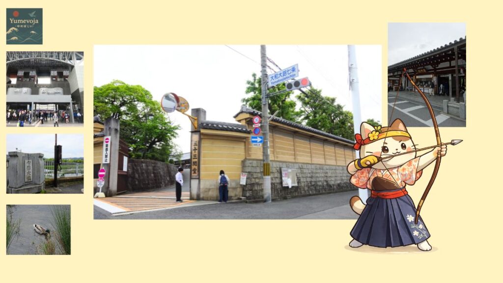京都駅、七條大橋、三十三間堂の門や拝観受付、旅する猫の弓道イラストを組み合わせた京都・三十三間堂への途中下車コラージュ。