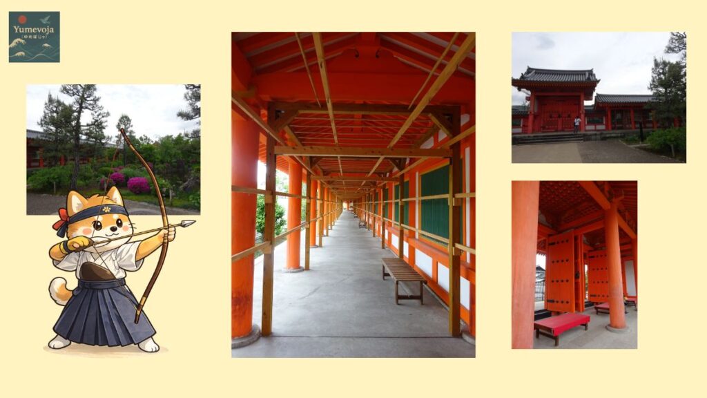 三十三間堂の庭園や回廊、門周辺の風景と弓道犬のイラストを組み合わせた京都散策コラージュ。
