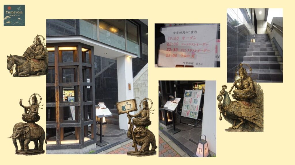 京都駅近くの町衆料理「京もん」の外観や入口、階段をまとめたコラージュ