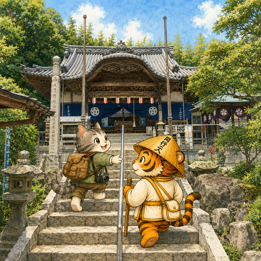 延命寺の石段を、旅する猫と菅笠をかぶったお遍路虎が一緒に上る水彩イラスト