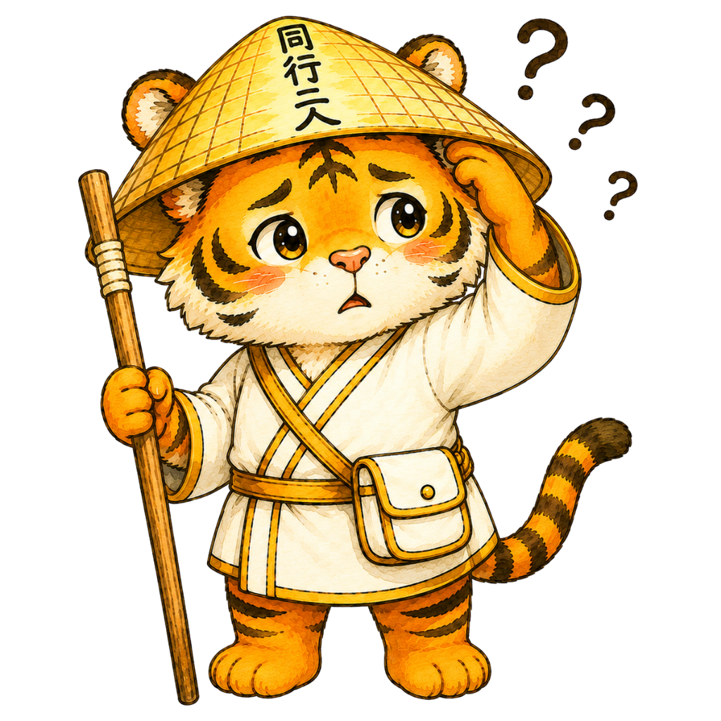 金剛杖を持ち、疑問符を浮かべながら道に迷って頭をかくお遍路虎のイラスト