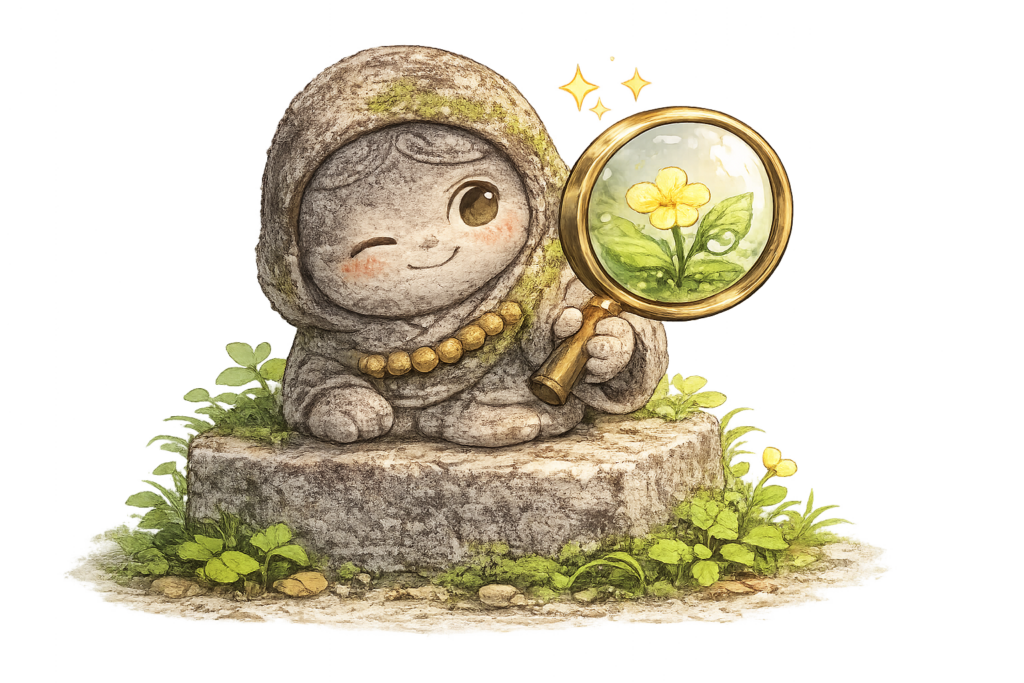 虫眼鏡で草花を観察するかわいいお地蔵様のイラスト