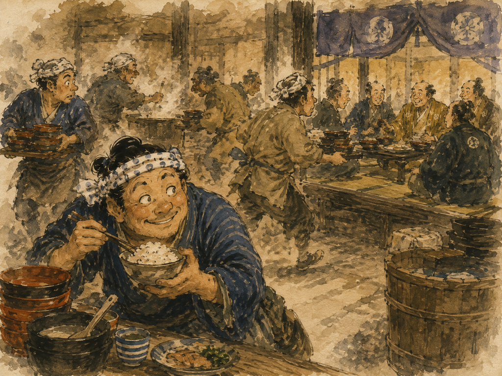 Kita-san mange discrètement dans un honjin animé, tandis que des samouraïs prennent leur repas à l’arrière-plan pendant l’époque d’Edo.