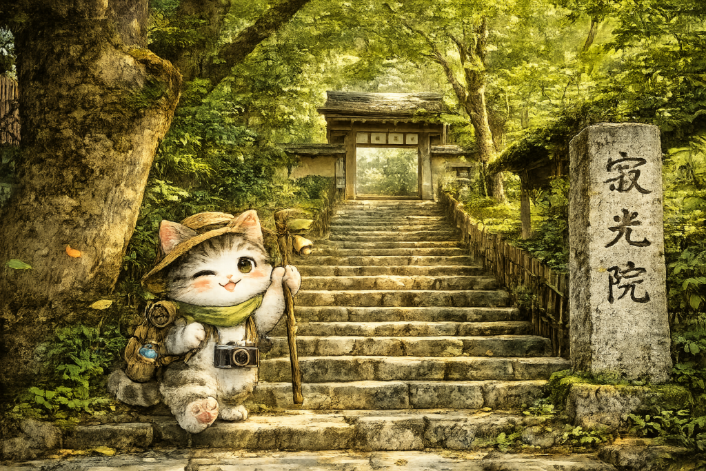 京都・寂光院の石段を歩く旅する猫の水彩風イラスト