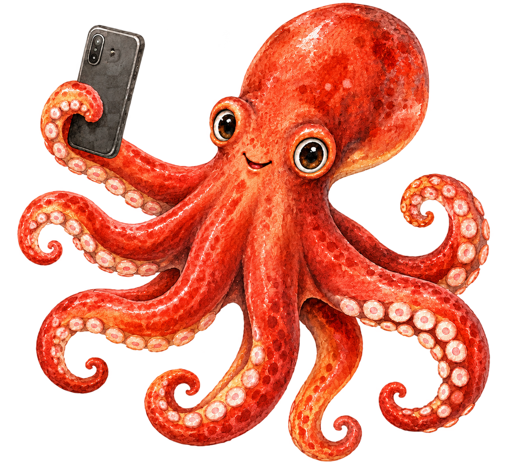スマートフォンを足で持って自撮りを楽しむ、赤い蛸の水彩イラスト