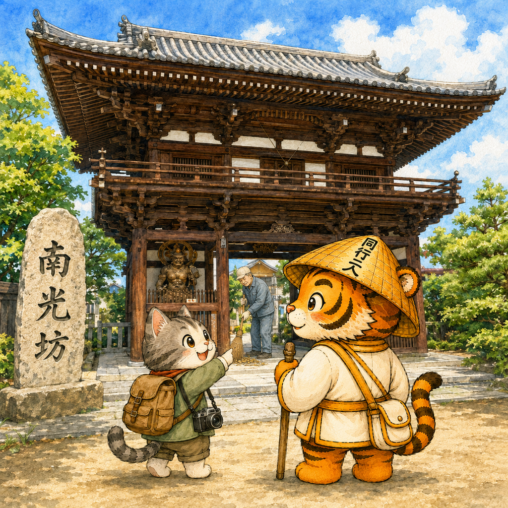 南光坊の山門前に立つ旅する猫とお遍路虎、その奥で作業着姿の高齢男性が境内を掃除する水彩イラスト