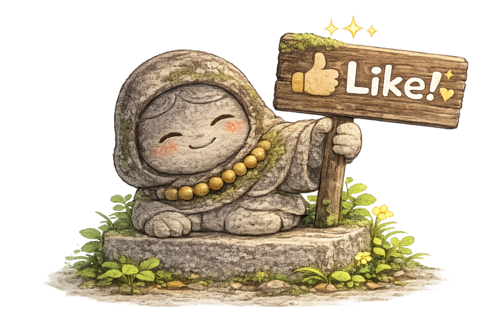 「Like!」の看板を持つかわいいお地蔵様のイラスト