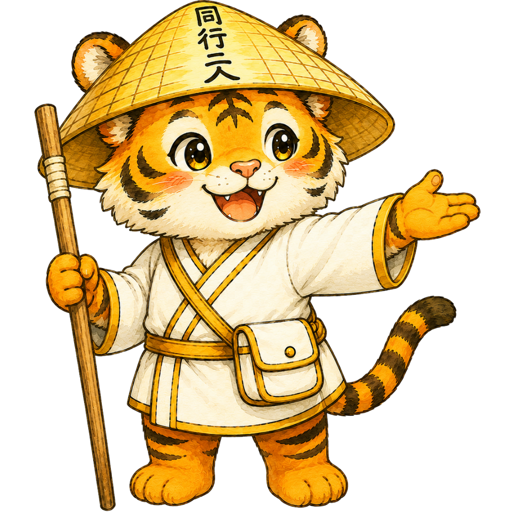 金剛杖を持ち、片手で進む方向を示しながら笑顔で道案内するお遍路虎のイラスト