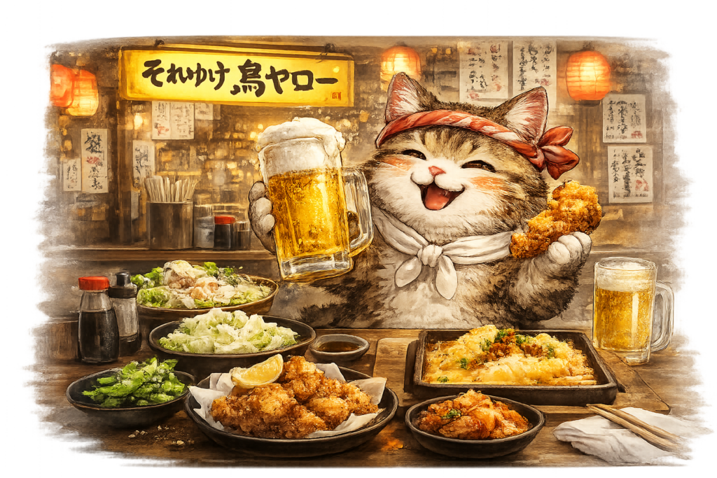 京都の居酒屋で唐揚げとビールを楽しむ旅する猫のイラスト